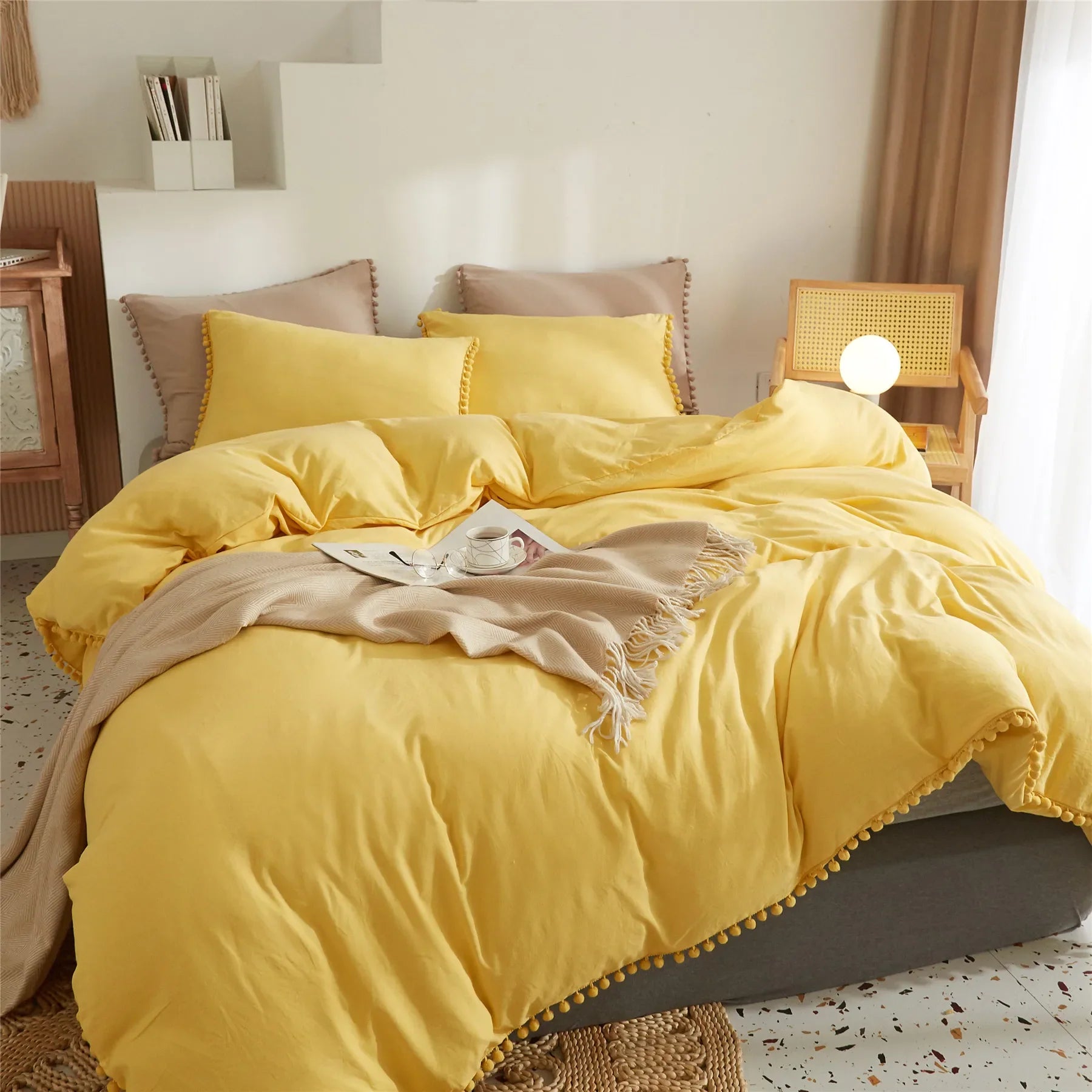 Afralia™ Pom-Pom Duvet Cover Set with Solid Color Design, Available in Various Sizes.