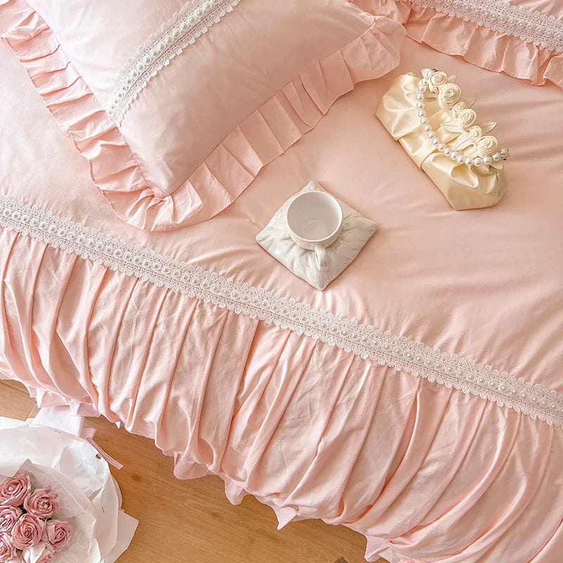 Afralia™ Pleat Ruffles Patchwork Cotton Bedding Set with Pink & White French Style