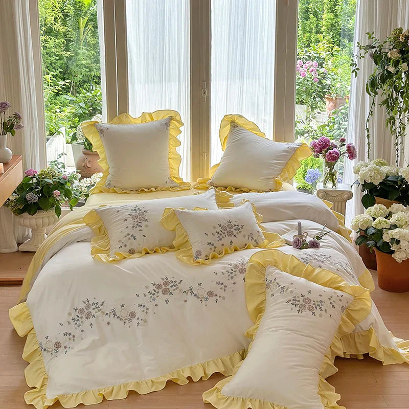 Afralia™ Korean Princess Lace Ruffles Flowers Embroidery Bedding Set with 100% Cotton Quality.