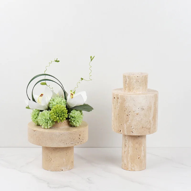 Afralia™ Beige Travertine Stone Vase for Living Room Hotel Dining Table