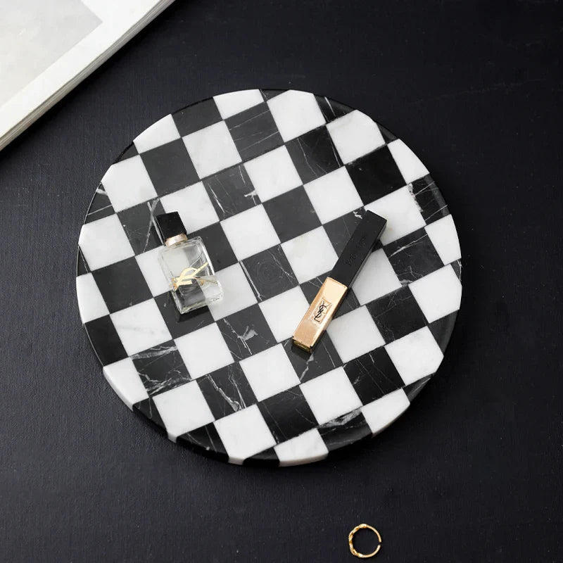 Afralia™ Marble Chessboard Print Tray: Nordic Style, Black & White, Luxury Stone Ornament