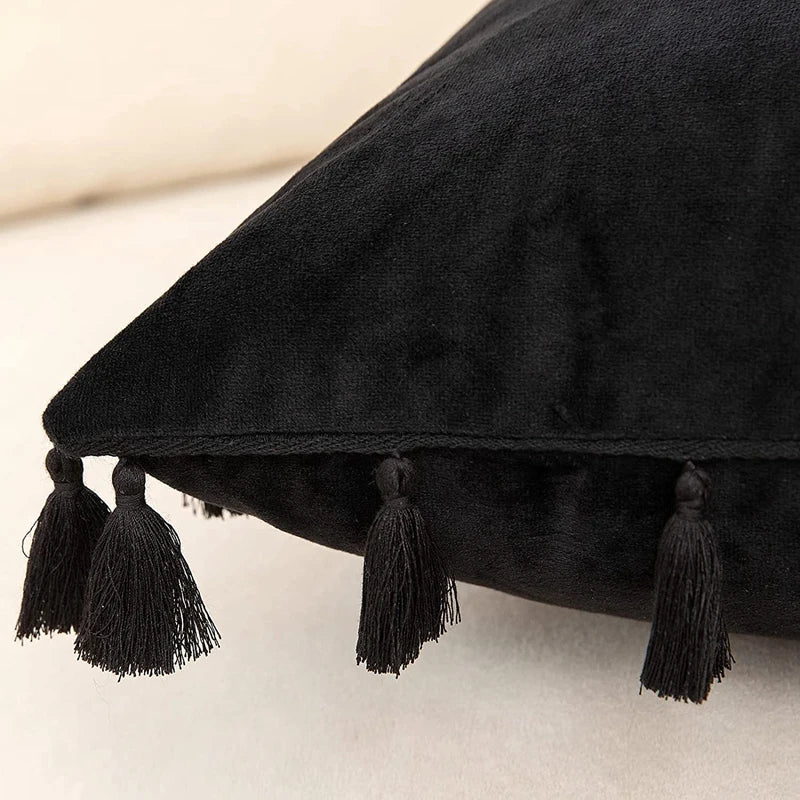 Afralia™ Black Velvet Tassel Fringe Throw Pillow Cover for Bed Sofa Couch