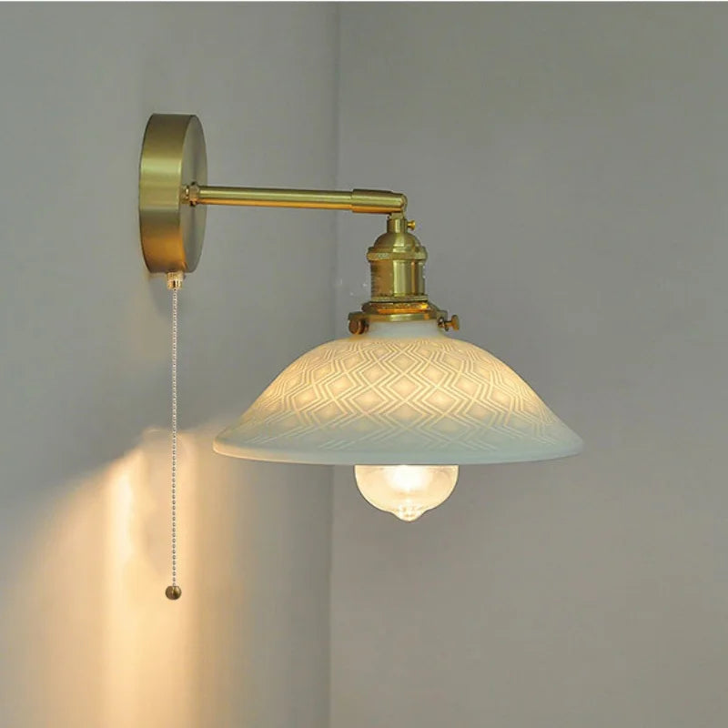 Afralia™ Nordic LED Wall Light Fixture Pull Chain Switch Brass Bedside Lamp