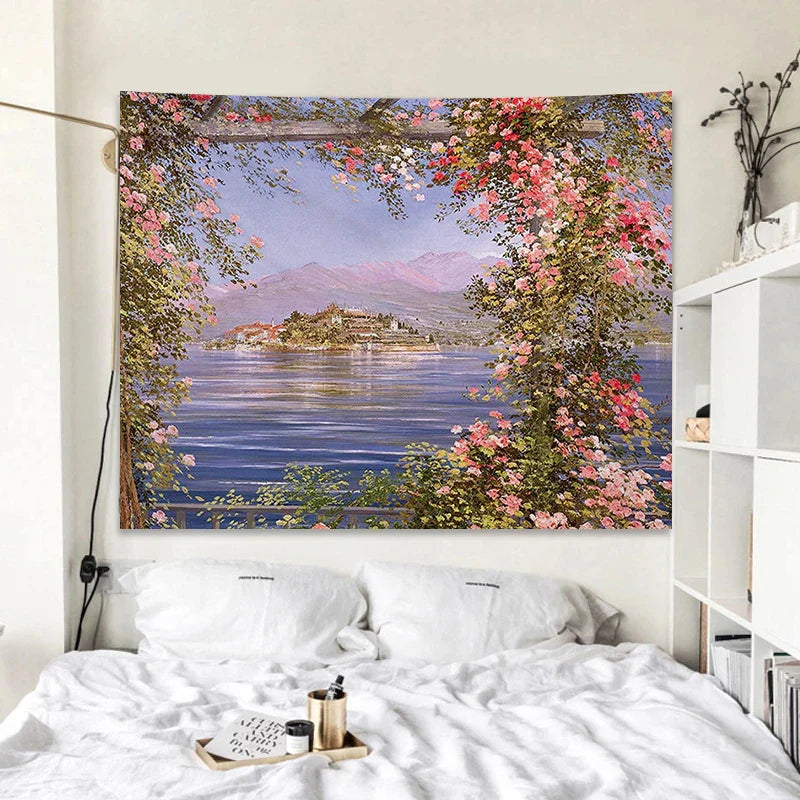 Afralia™ Rose Garden Tapestry Retro Oil Painting Wall Cloth for Bedroom Decor