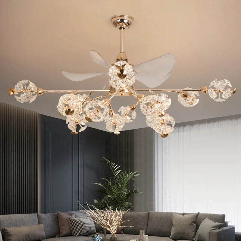 Afralia™ Crystal Chandelier Ceiling Fan with LED Light and Retractable Blades