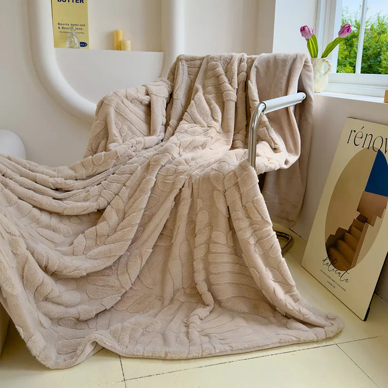 Afralia™ Plush Banana Leaf Jacquard Double Layered Fur Blanket