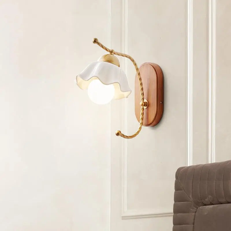 Afralia™ Retro Solid Wood Wall Lamp with Ceramic Fabric Lampshade & 7W LED Lighting