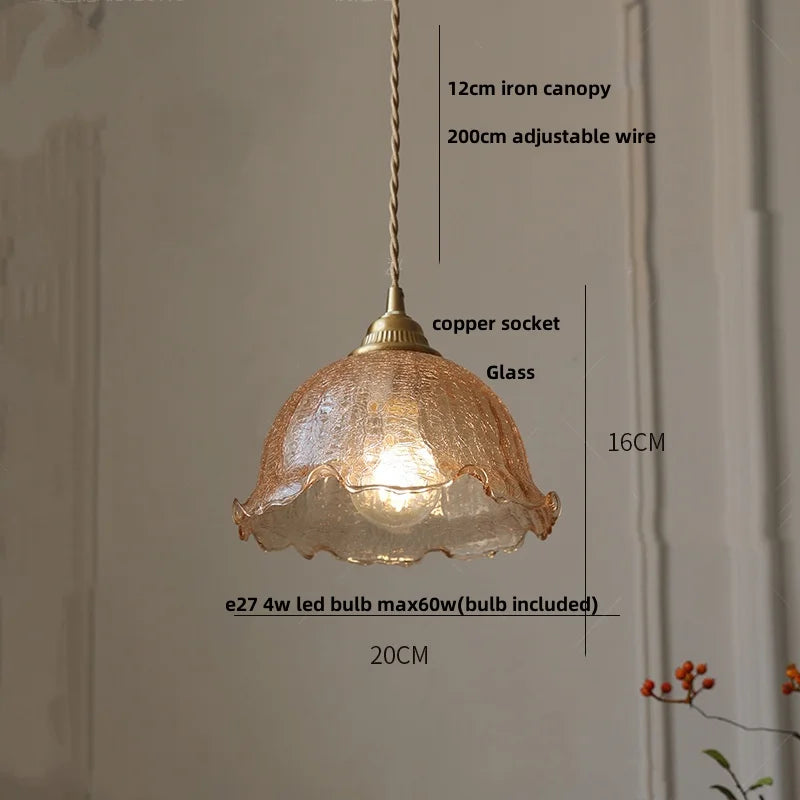Afralia™ Amber Glass LED Pendant Lamp Walnut Wood Copper Hanging Light