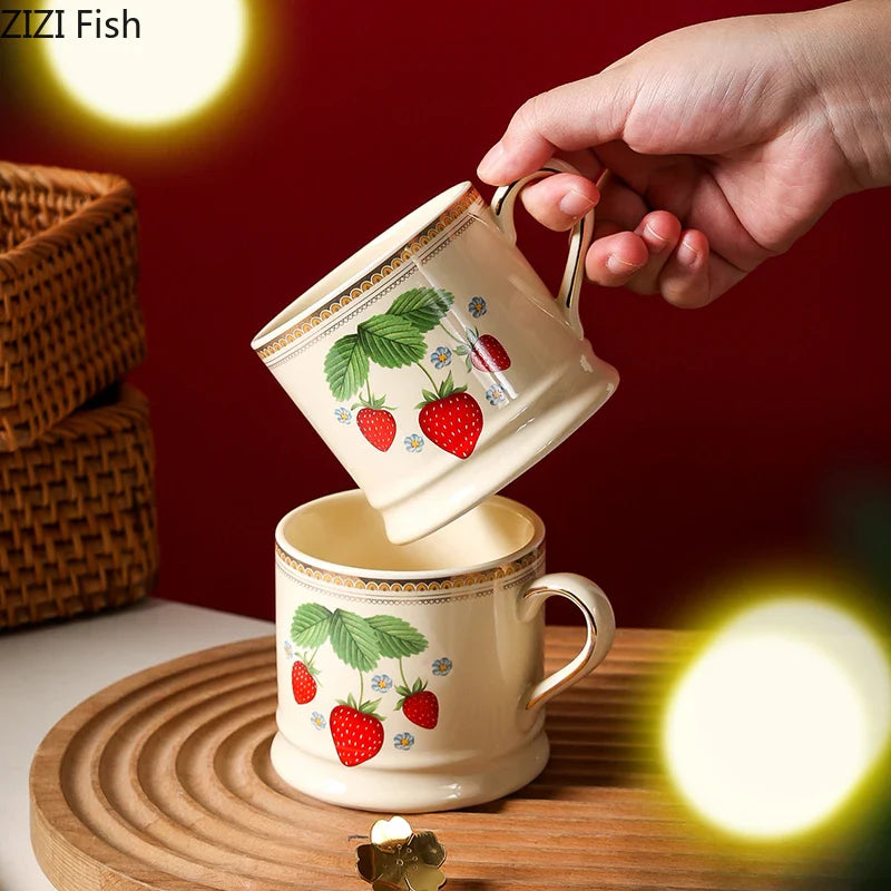Afralia™ Strawberry Pattern Gilded Edge Porcelain Mug - Tea, Coffee, Juice Cup
