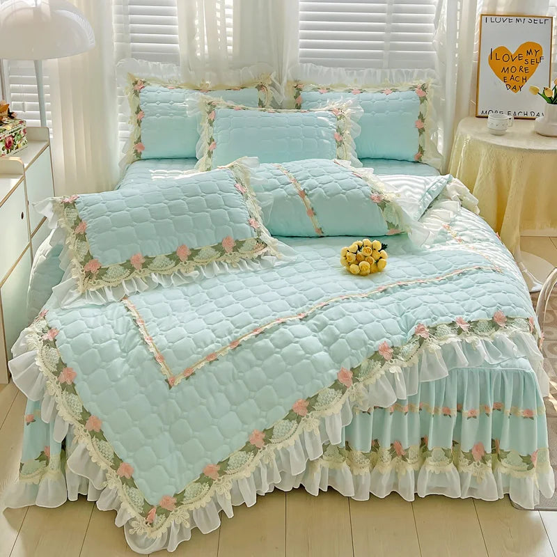 Afralia™ Korean Princess Bedding Set: Flowers, Lace, Ruffles, Embroidery, Quilted, Duvet Cover, Bedspread