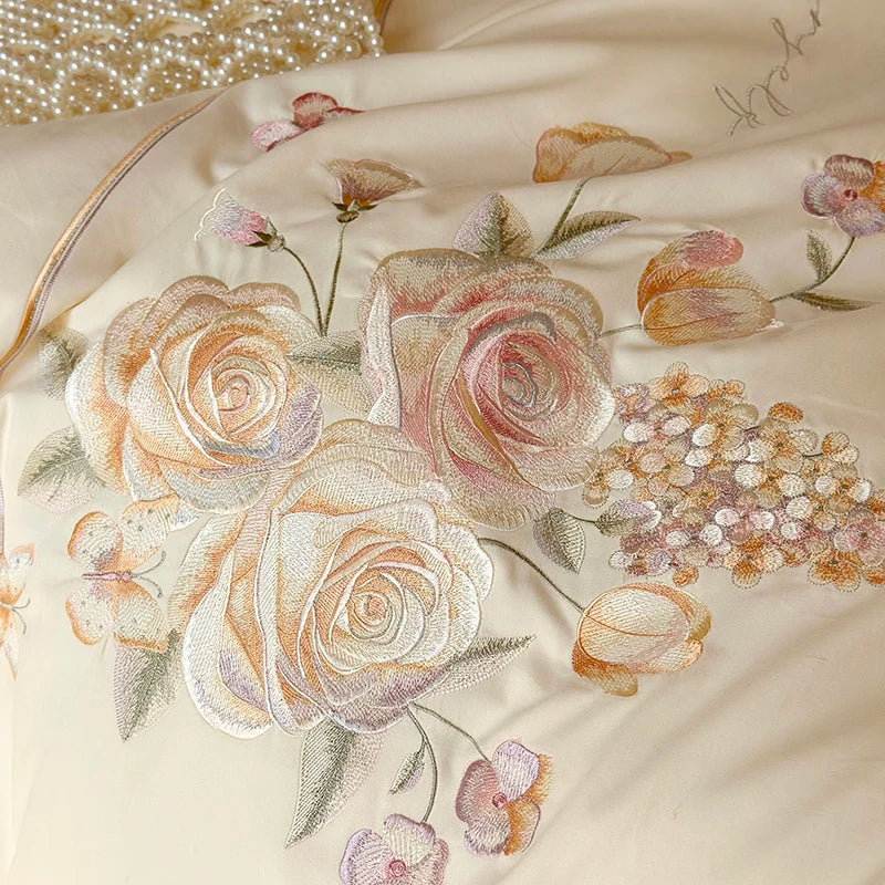 Afralia™ Rose Flowers Embroidery Cotton Bedding Set - Single Queen King Size