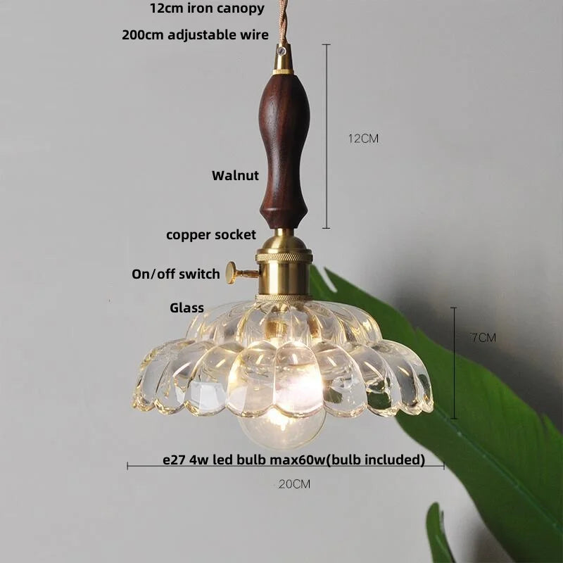 Afralia™ LED Pendant Lamp with Adjustable Wire, Copper Socket, Walnut Wood, Green Glass