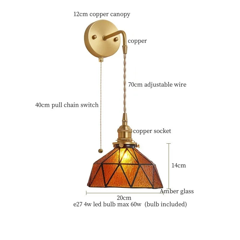 Afralia™ Tiffany Glass LED Wall Lamp Pull Chain Switch Vintage Copper Wall Lights