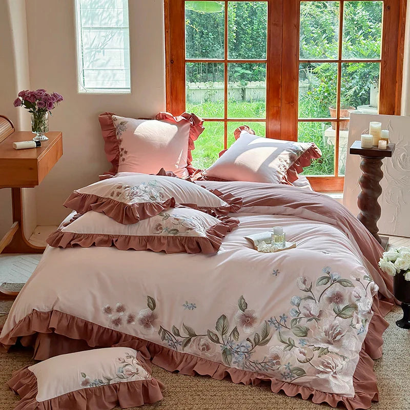 Afralia™ Luxury Flowers Embroidery Princess Bedding Set - 1000TC Egyptian Cotton