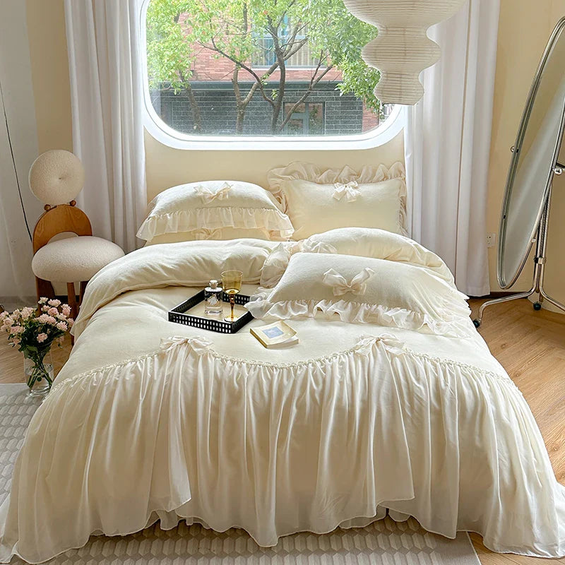 Afralia™ French Princess Lace Ruffles Bedding Set with Velvet Duvet Cover