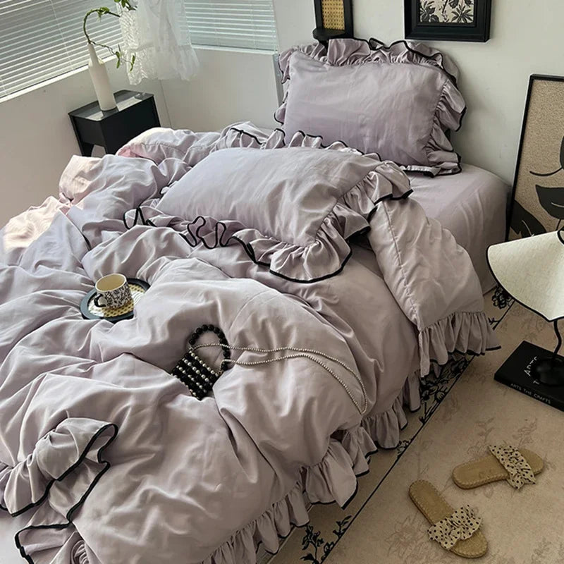 Afralia™ Silky Lace Princess Bedding Set - Cooling Comforter, Solid Color, 4 Pieces