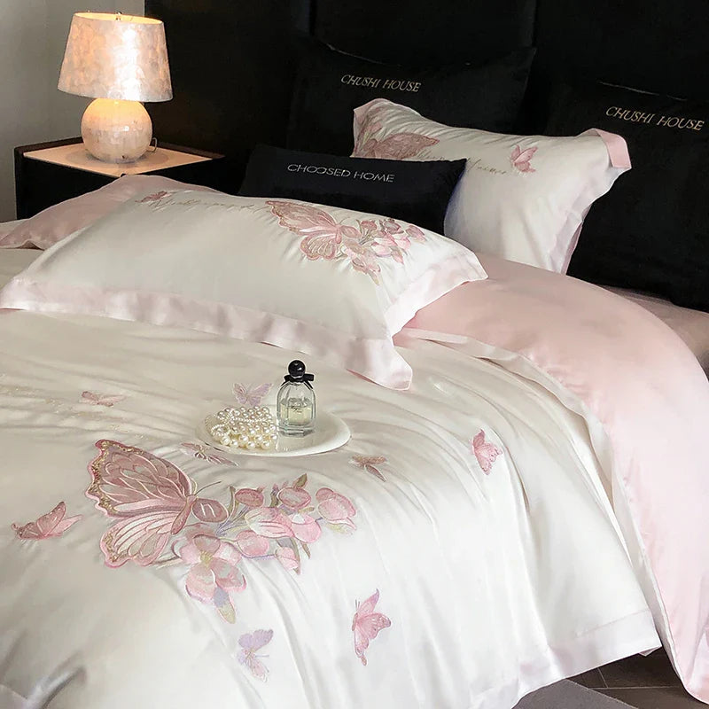 Afralia™ Pink Butterfly Flowers 1000TC Egyptian Cotton Bedding Set - 4Pcs