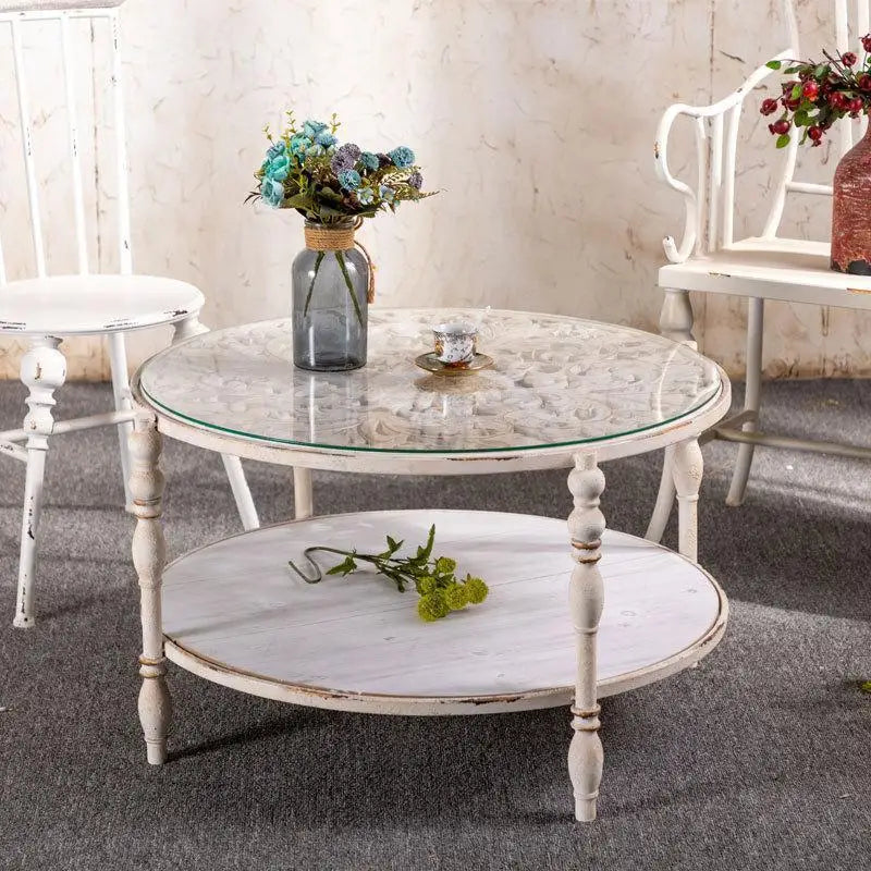 Afralia™ Vintage Wood Carved Small Coffee Table Art Round Creative Sofa Set