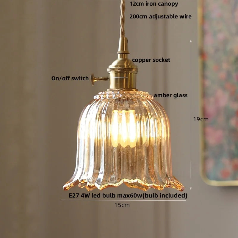 Afralia™ Nordic Flower Glass LED Pendant Lamp in Walnut Gold Copper Wood for Home Decor