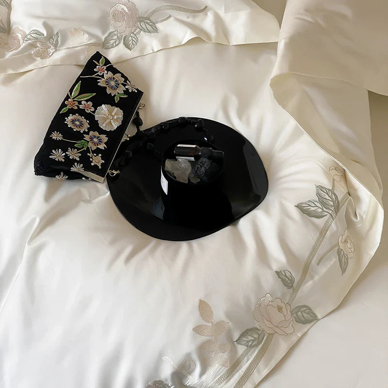 Afralia™ Luxury Rose Embroidery 1000TC Egyptian Cotton Bedding Set with Duvet, Sheet, Pillowcases