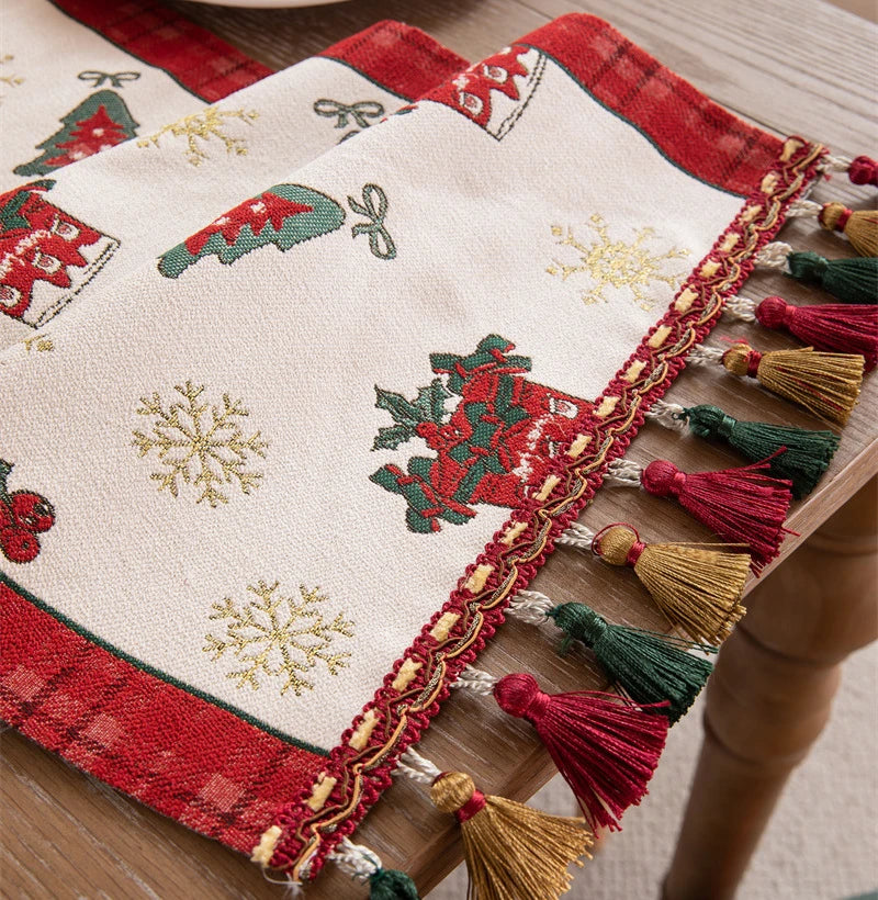 Afralia™ Christmas Cartoon Jacquard Table Runner with Embroidered Tassel - Festive Dining Room Decor