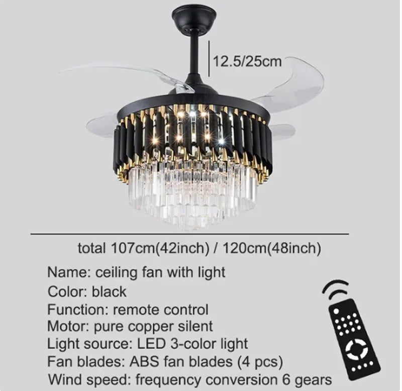 Modern Crystal Ceiling Fan with LED Chandelier & Remote Control, Retractable Blades by Afralia™