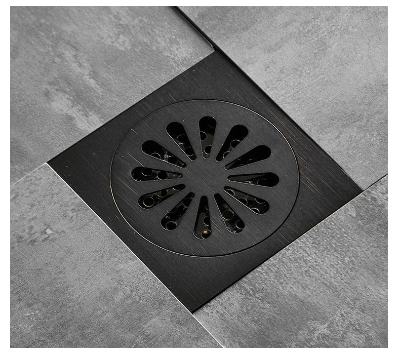 Afralia™ Black Brass Shower Drain Strainer Floor Cover Square Art Carved Grate Basins SY-073R