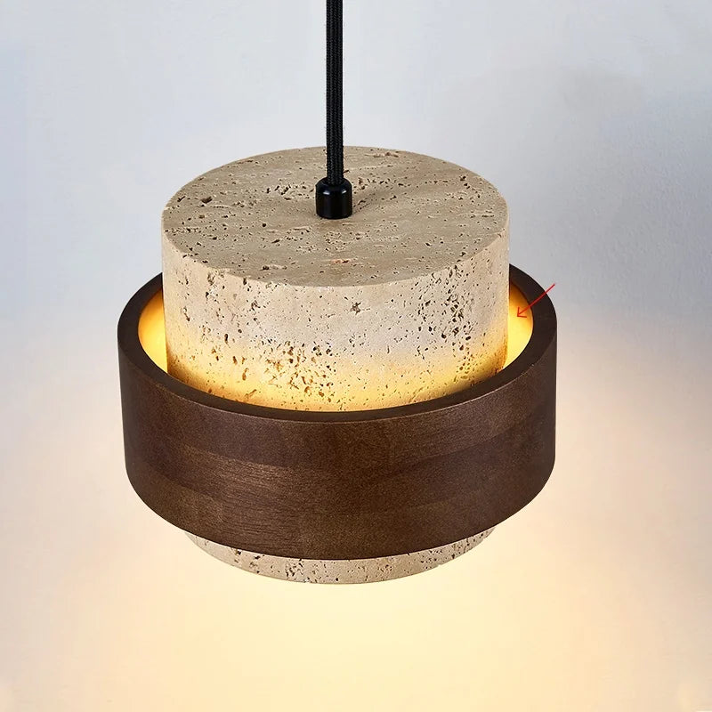 Afralia™ Yellow Travertine LED Wall Lamp Pull Chain Switch Stone Wood Modern Light