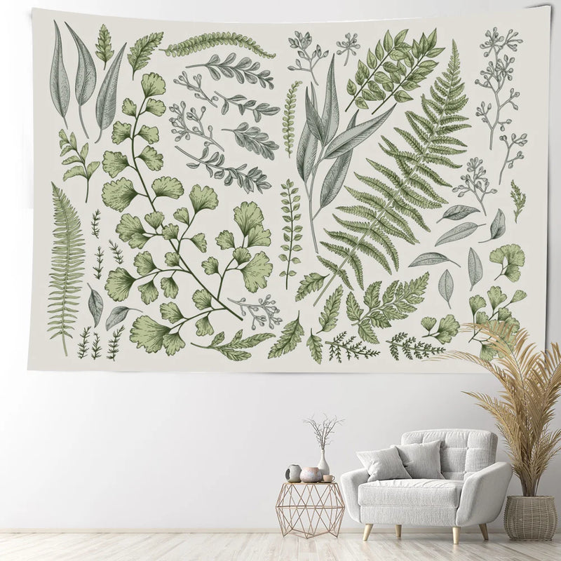 Afralia™ Botanical Tapestry Wall Hanging Fern Leaves Boho Nature Aesthetic Room Decor