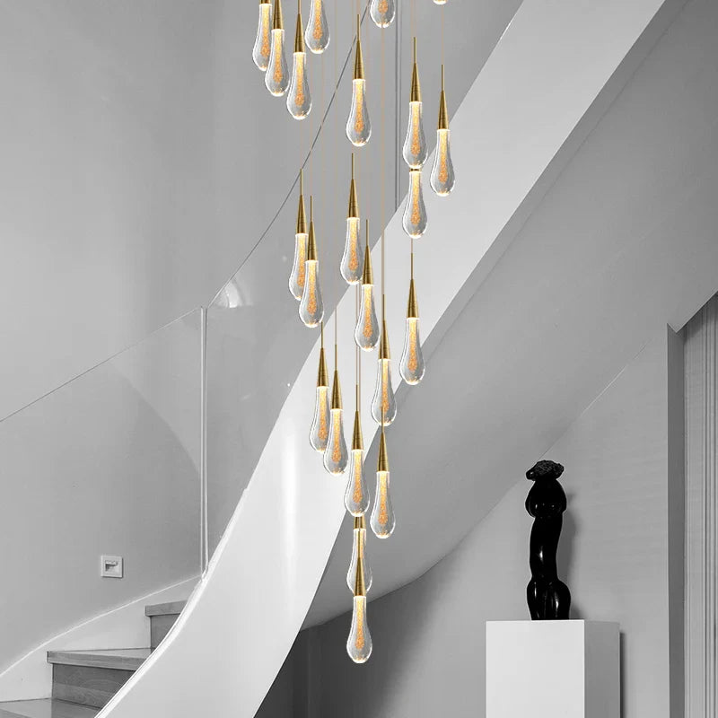 Afralia™ Crystal Tear Drop Chandelier for Staircase, LED Pendant Light in Gold - Indoor Decor