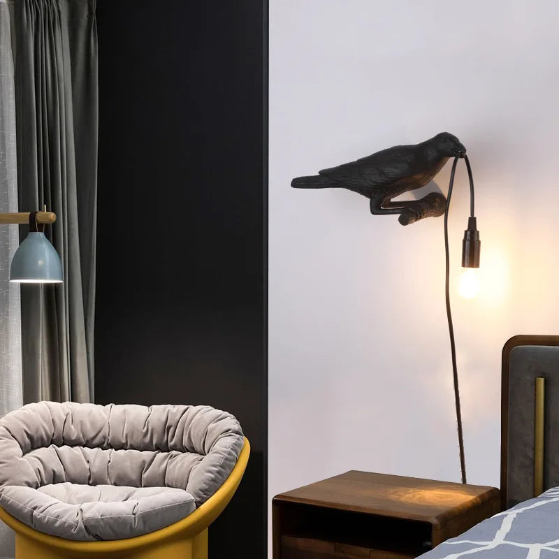 Afralia™ Designer Bird Wall Lamp Modern Resin White Black LED Light Bedroom Living Room