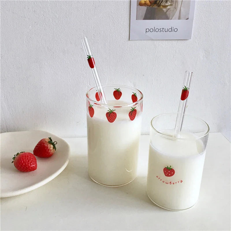 Afralia™ Strawberry Glass Cup 300ml with Straw, Heat Resistant, Transparent, Cute Design