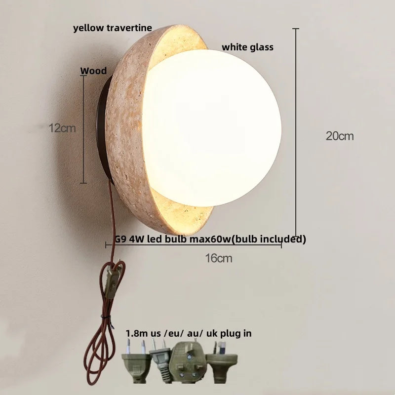 Afralia™ LED Wall Light: Nordic Modern Design with White Glass & Yellow Travertine Wood