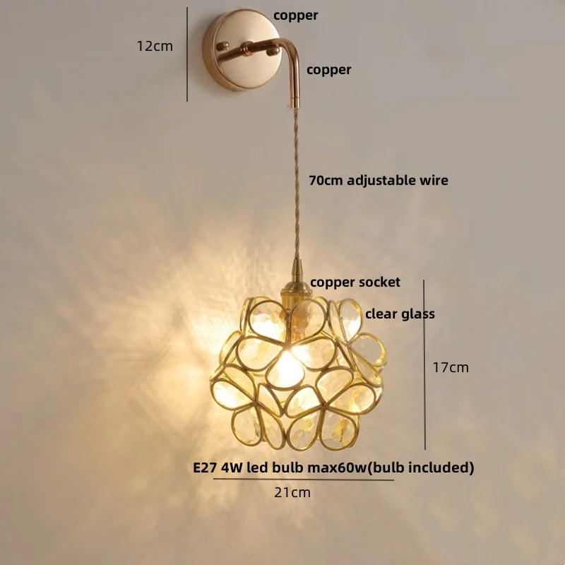 Afralia™ Pink Flower Glass LED Wall Light: Copper Nordic Modern Bedroom Lamp