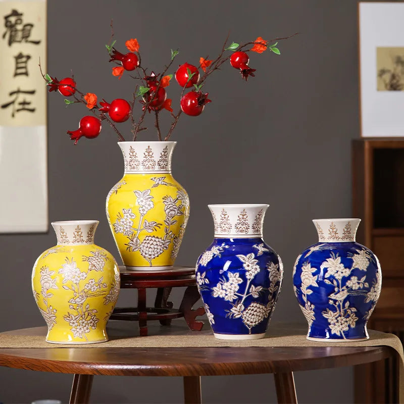 Afralia™ Yellow Ceramic Qinghua Porcelain Vintage Flower Vase