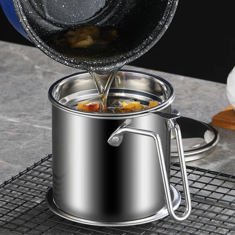 Afralia™ Stainless Steel Oil Filter Pot Strainer Container for Cooking Oil and Lard Storage