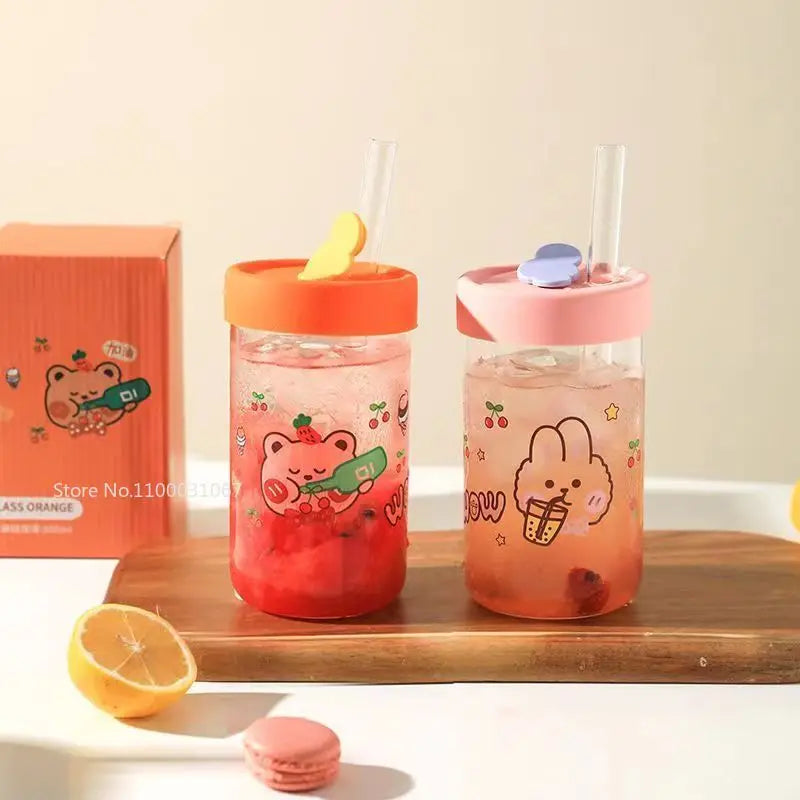 Afralia™ Cartoon Glass Cup with Lid & Straw - 600ml Drinkware