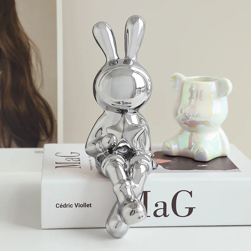 Afralia™ Electroplated Rabbit Sculpture Set, Home Office Decor, Living Room Animal Statue