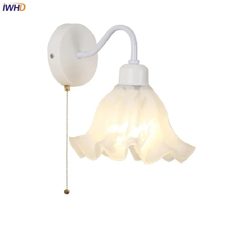 Afralia™ Glass Iron LED Wall Sconce Pull Chain Switch White Stair Light