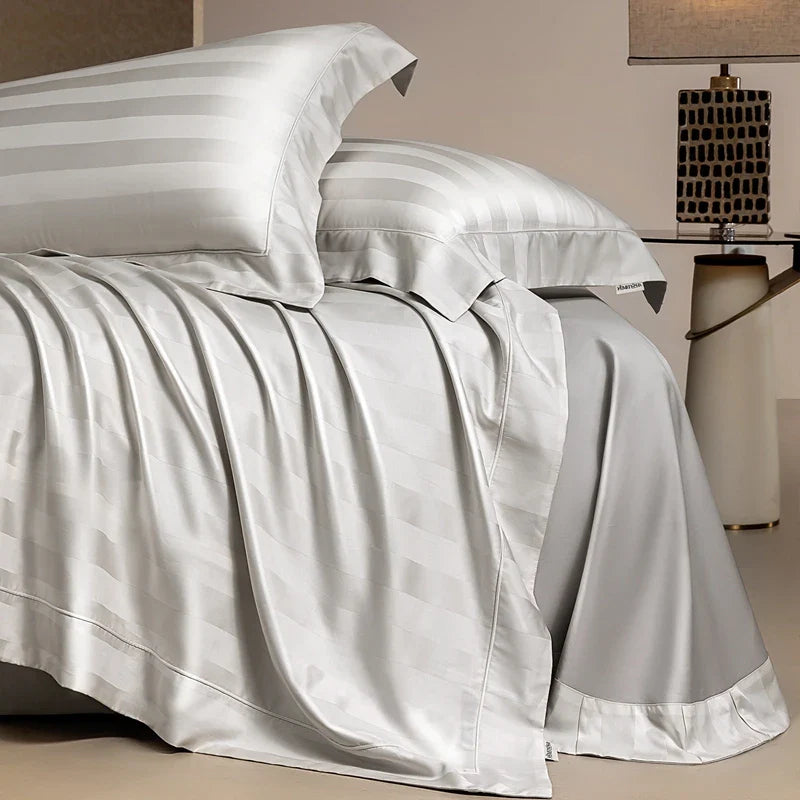Afralia™ Silky Satin Jacquard Egyptian Cotton Bedding Set incl. Duvet, Sheet, Fitted Sheet & Pillowcases