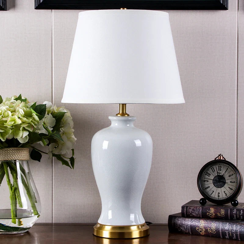 Afralia™ White Ceramic Table Lamp with Crackled Glaze - Bedroom & Living Room Decor