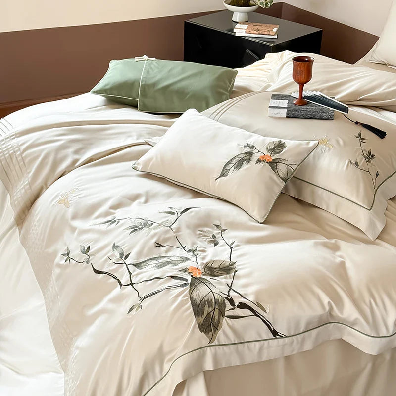 Afralia™ Deluxe Lyocell Cotton Embroidery Bedding Set - Soft, Silky, Breathable Luxury Bed Set