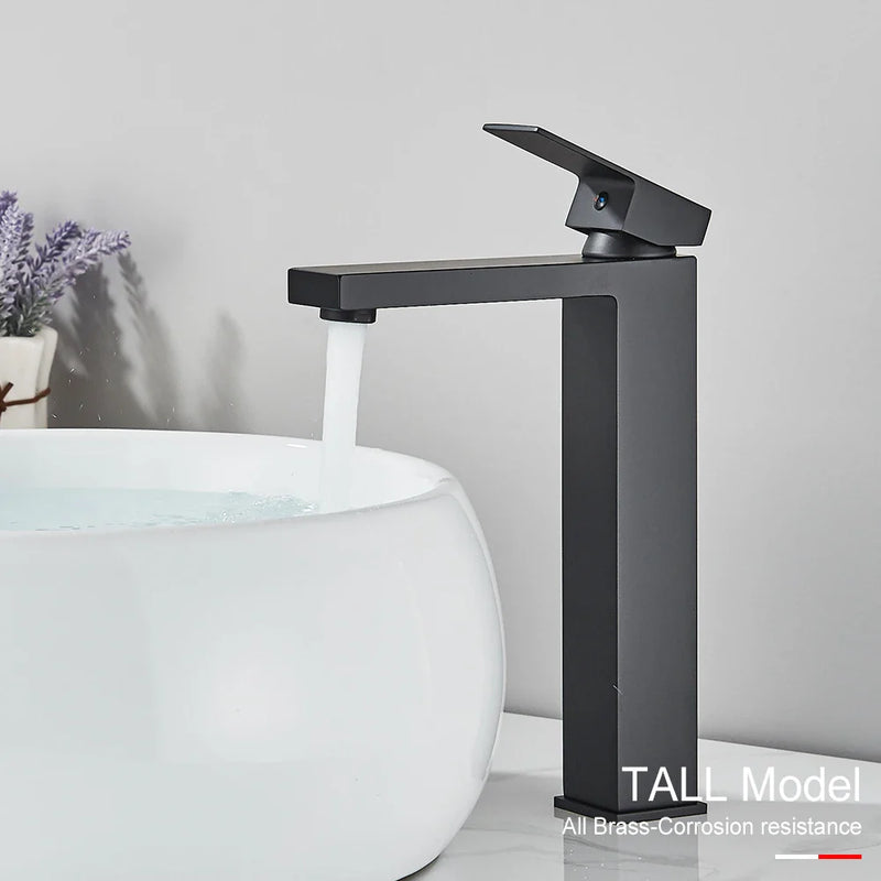 Afralia™ Black Brass Square Basin Faucet: Bathroom Washbasin Mixer Tap, Single Handle Tall Model.