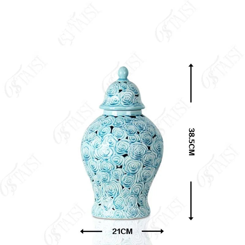 Afralia™ Checkmate Porcelain Ginger Jar with Rose Relief, Storage & Vase