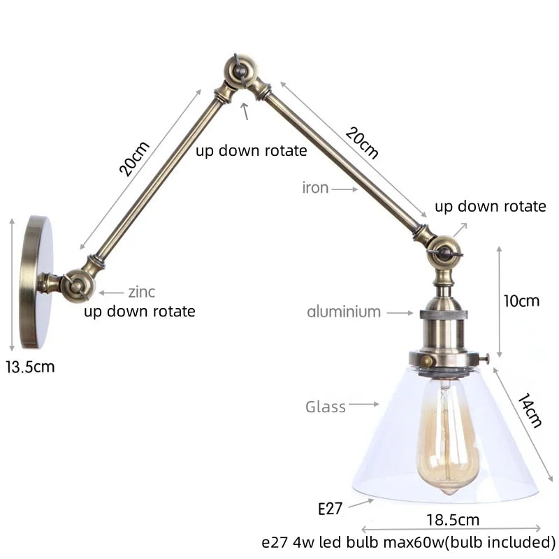 Afralia™ Industrial Adjustable LED Wall Sconce with Clear Glass Shade