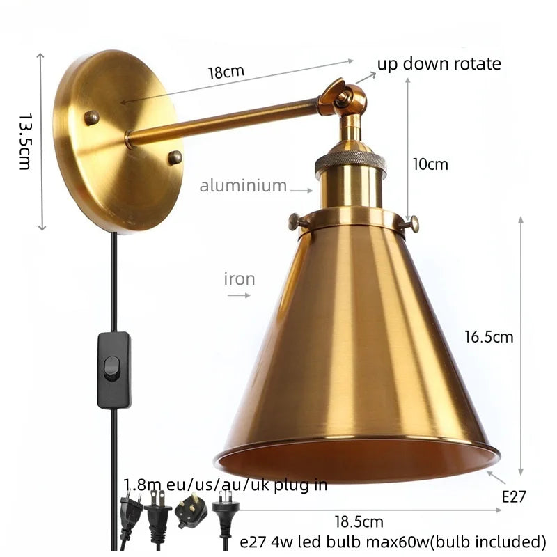 Afralia™ Vintage Industrial Gold Wall Lamp for Restaurant Coffee Bar Stair Bedroom Loft