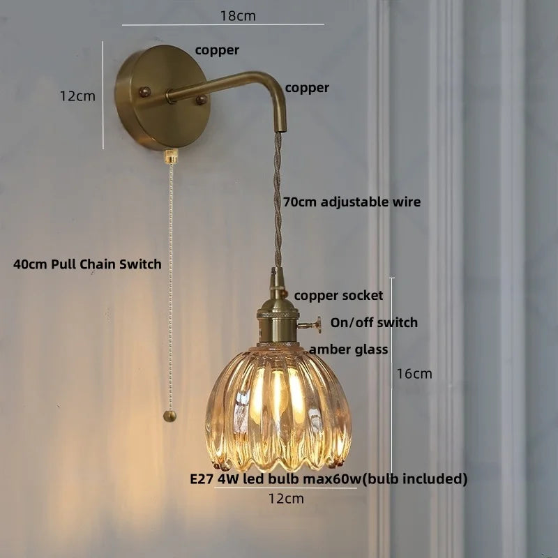 Afralia™ Glass LED Wall Lamp with Adjustable Wire, Pull Chain Switch, Modern Nordic Design