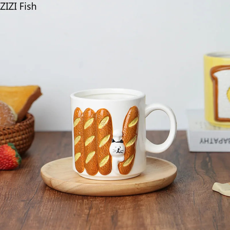 Afralia™ Cat & Bread Pattern Ceramic Cup 200ml Coffee Mug Tea Afternoon Teacup Juice Mug