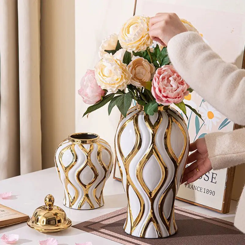 Afralia™ Geometric Pattern Golden Porcelain Ginger Jar Vase - Home Decoration Ceramic Craft Ornament