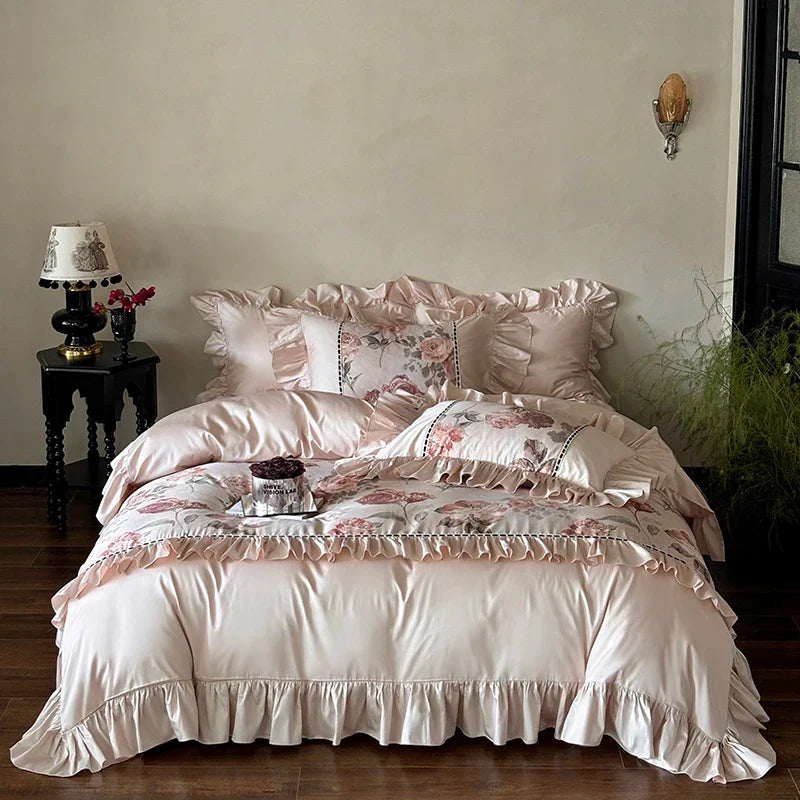 Afralia™ Rose Ruffles Bedding Set in Egyptian Cotton - Double Queen King Sizes